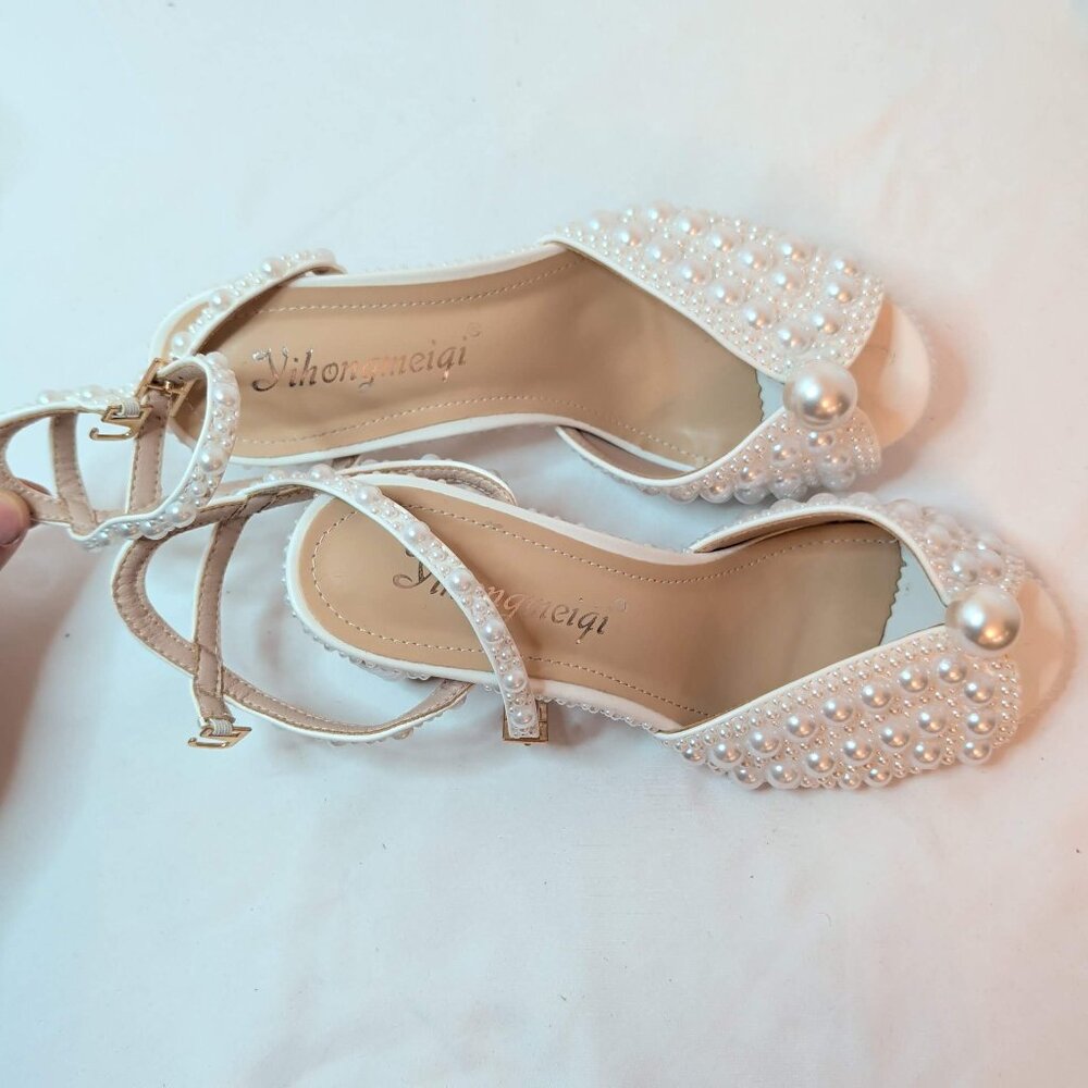 Sacaria Pearl Embellished Strappy Wedding Block Heels - Picture 9 of 11